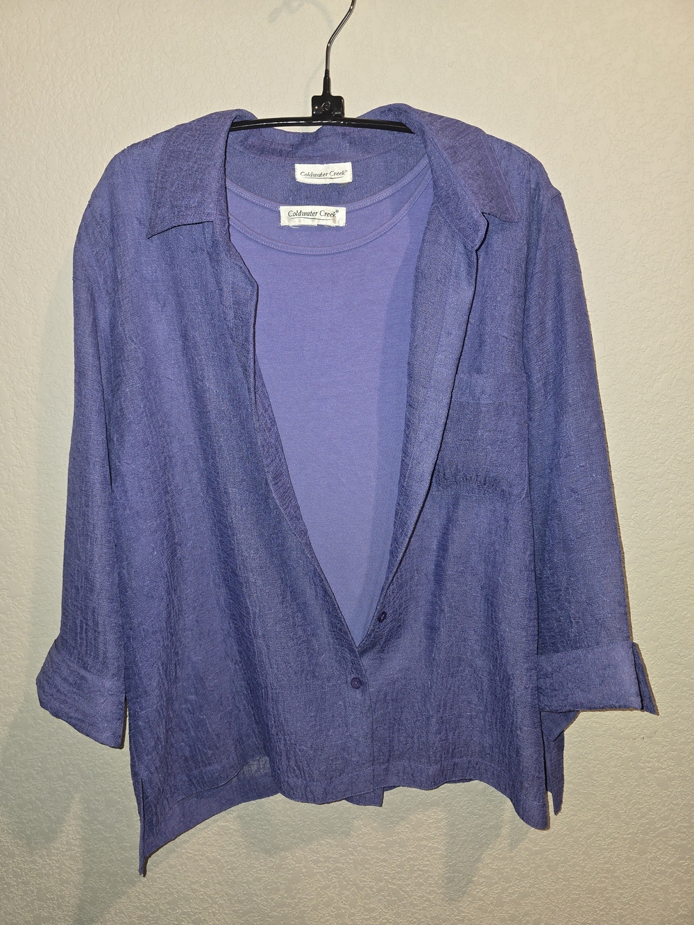 Coldwater Creek Women's Large 2-Piece Periwinkle Purple Textured Button Up & Tan
